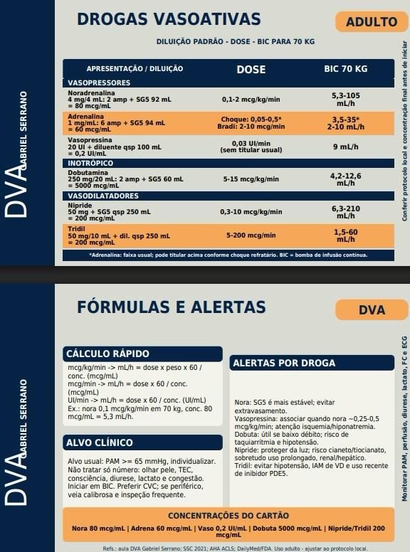 Cartão DVA — cartão físico de consulta rápida sobre drogas vasoativas, com corda para uso como crachá